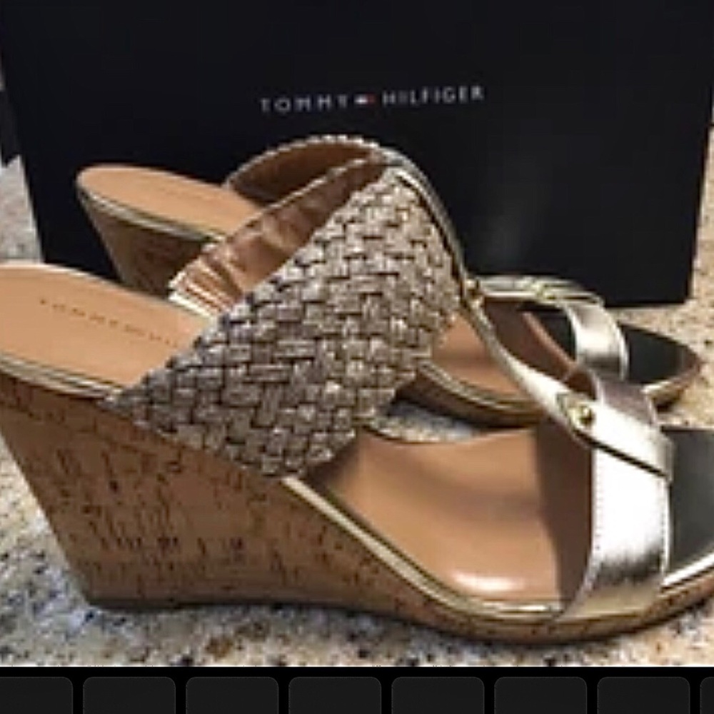 Eleona light Golden Metallic Woven T-Strap 3” Cork Wedge slip on Sandals sz10